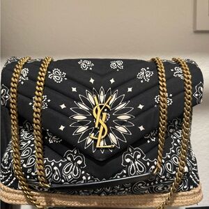Yves Saint Laurent Black Bandana-Print Quilted Shoulder Bag with Gold Hardware